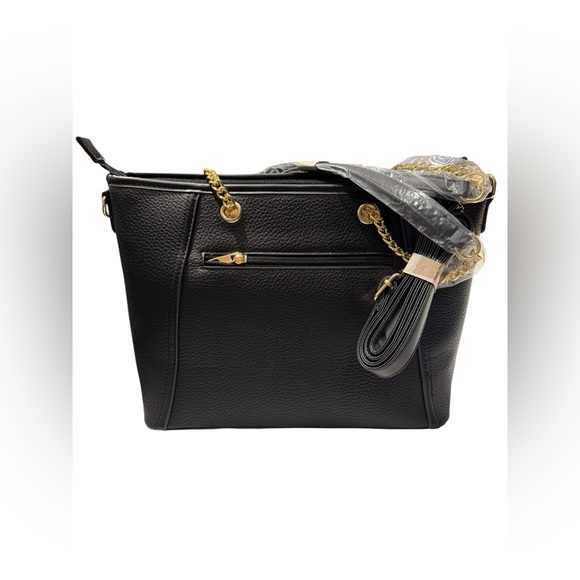 New-Gloria Vanderbilt Black Pebbled Shoulder Tote with Gold Chain Straps - Picture 2 of 6
